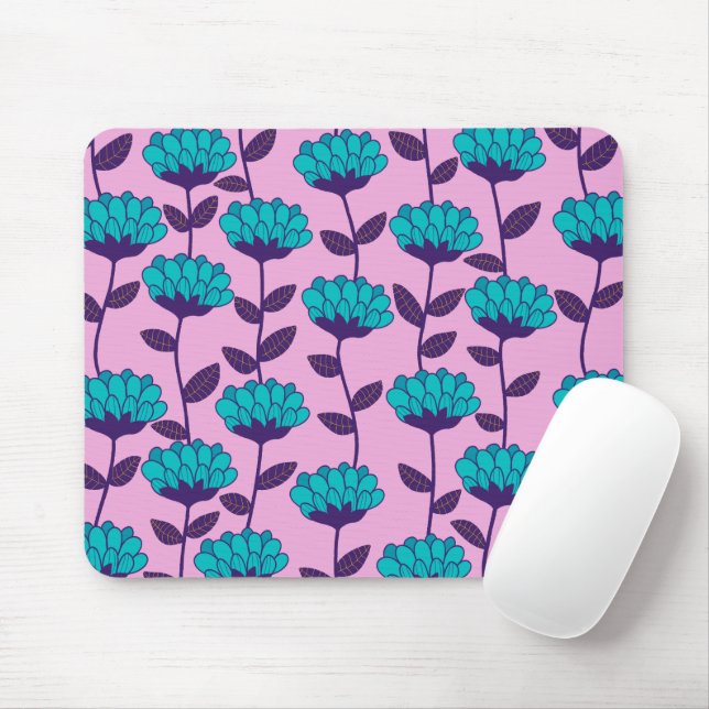 Mousepad Padrão de flores cor-de-rosa azul moderno (Com mouse)