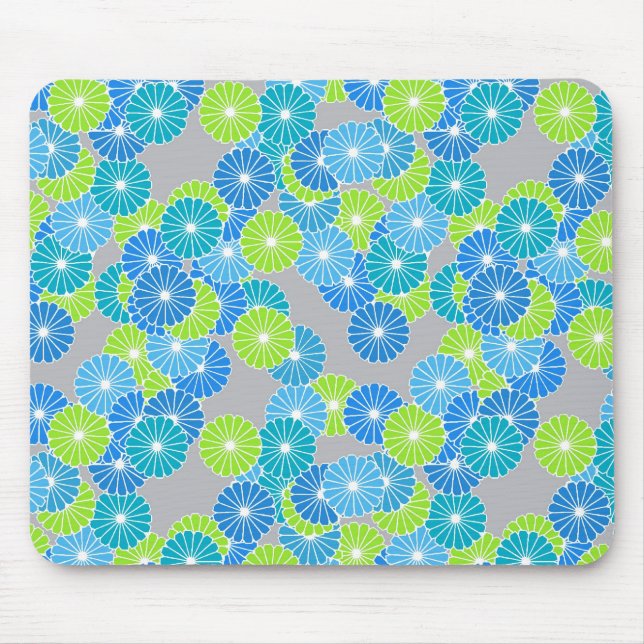 Mousepad Padrão de flores de Art Deco - azul e verde limão (Frente)