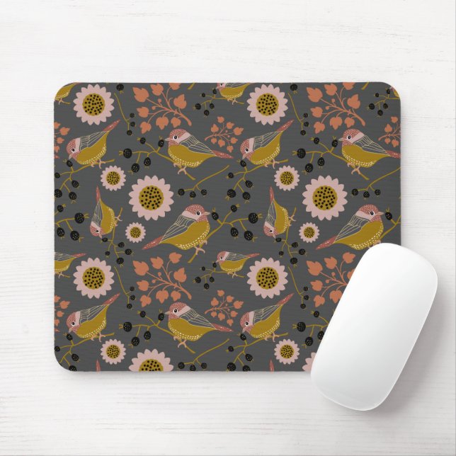 Mousepad Padrão de Flores de Berries Pretos Dourados Rosa-R (Com mouse)