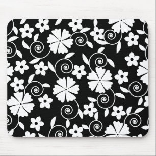 Mousepad Padrão de flores giratórias preto e branco fofo