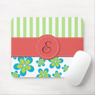 Mousepad Padrão De Flores, Listras Verdes, Monograma