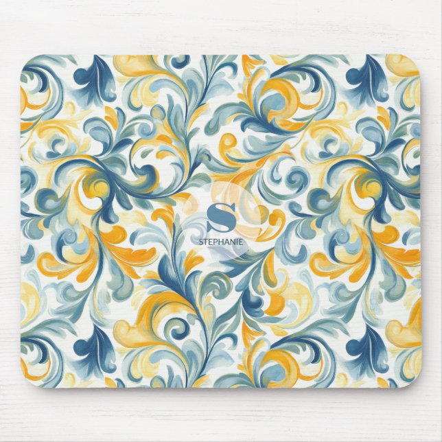Mousepad Padrão de Folha Azul e Dourada (Frente)