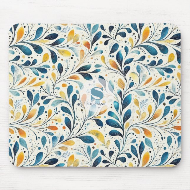 Mousepad Padrão de Folha Azul e Dourada (2) (Frente)