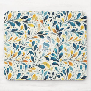 Mousepad Padrão de Folha Botânica Âmbar Azul-Marinho