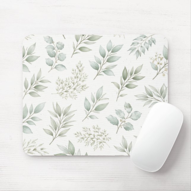 Mousepad Padrão de Folhas Botânicas Verde Suave  (Com mouse)