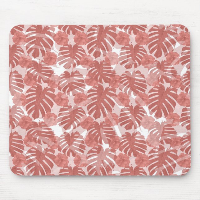 Mousepad Padrão de Folhas de Monstera de Coral Tropical (Frente)