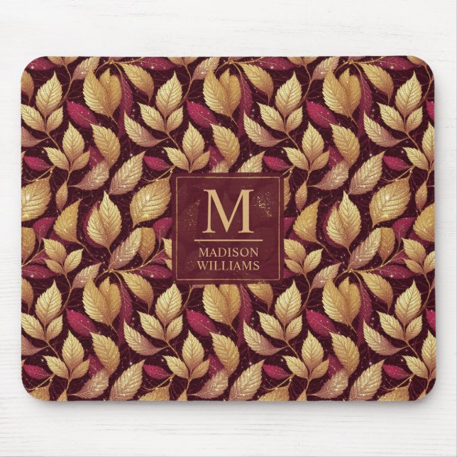 Mousepad Padrão de Folhas de Outono com Brilho Dourado e Ma (Frente)