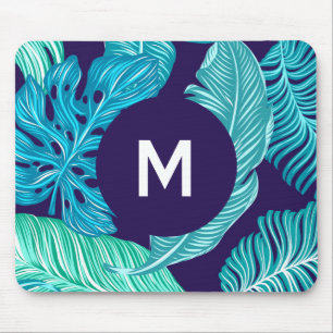 Mousepad Padrão de Folhas Verdes Azuis Tropicais Monograma