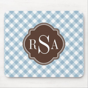Mousepad Padrão de Gingham Azul Castanho Triplo Monograma