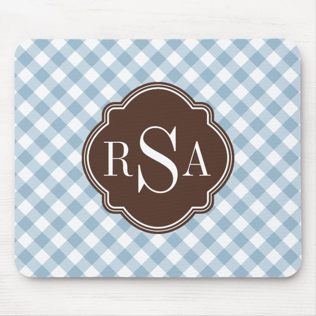 Mousepad Padrão de Gingham Azul Castanho Triplo Monograma (Frente)