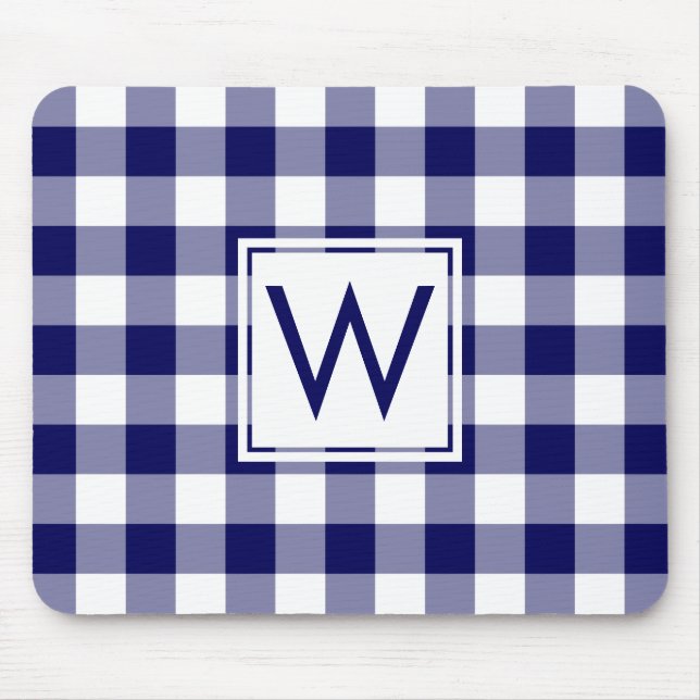 Mousepad Padrão de Gingham Azul e Branco do Marinho Monogra (Frente)