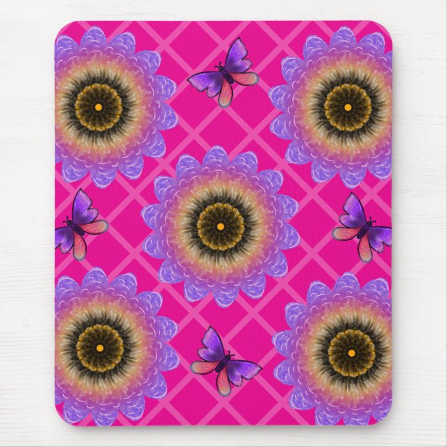 Mousepad Padrão de Girassol e Borboleta em Veludo Roxo (Frente)