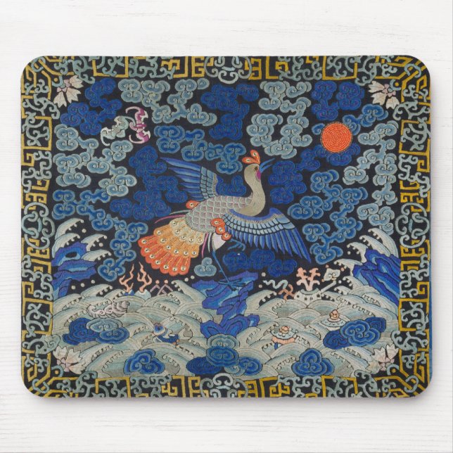 Mousepad Padrão de Grou Chinês Vintage: Azul Imperial (Frente)