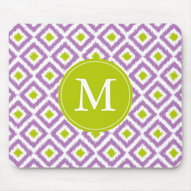 Mousepad Padrão de Ikat Roxo e Verde Monograma (Frente)