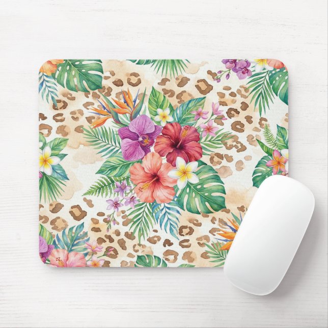 Mousepad Padrão de Impressão de Leopardo Floral Tropical (Com mouse)