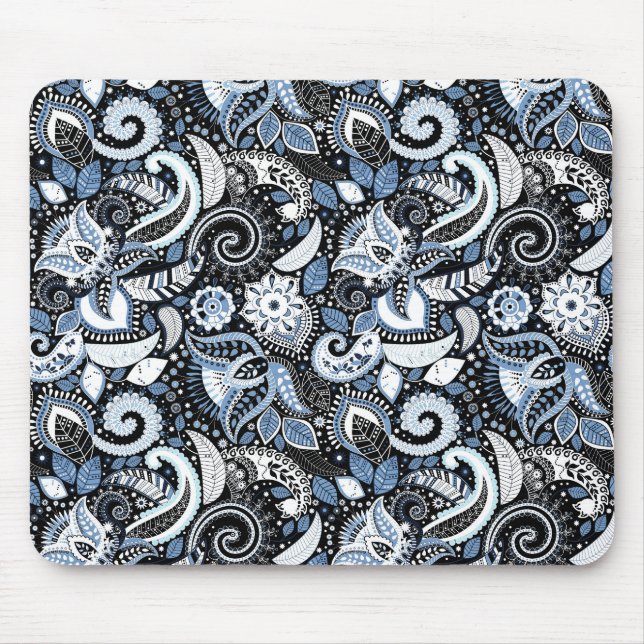 Mousepad Padrão de Impressão de Paisley Branco e Azul (Frente)