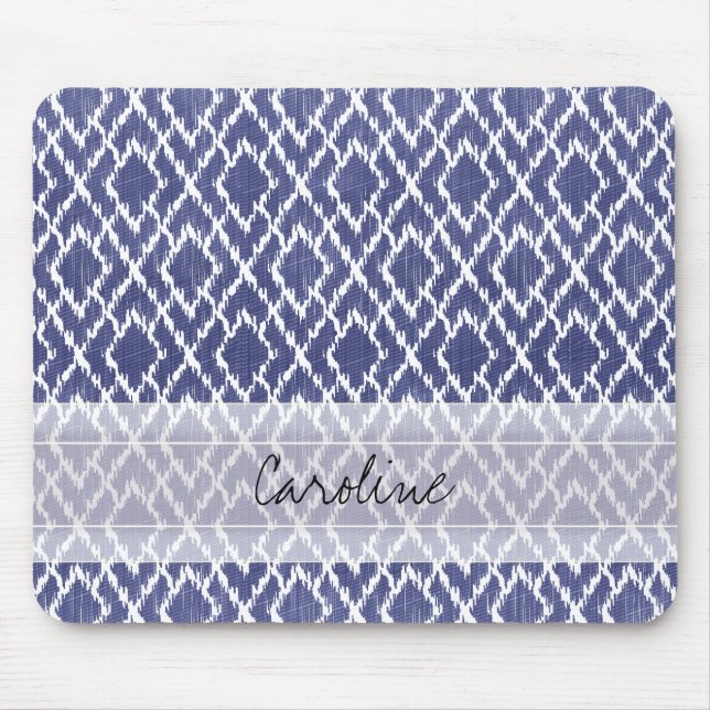 Mousepad Padrão de Impressão Ikat Diamond do Monograma Azul (Frente)