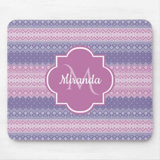 Mousepad Padrão de Knit Roxo na moda com Monograma e Nome (Frente)