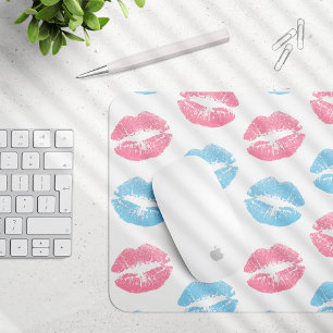 Mousepad Padrão de Lábios Azul e Rosa, Batom, Beijo