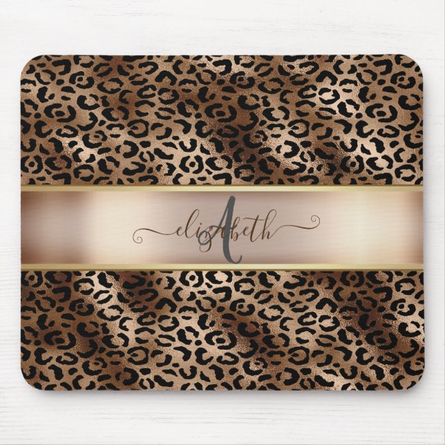 Mousepad Padrão de Leopardo Bronze Preto Monograma (Frente)