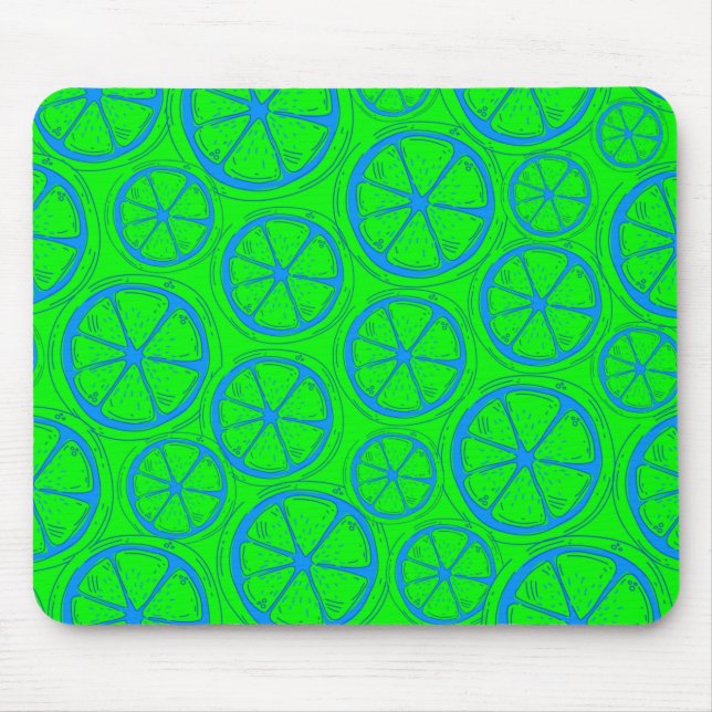 Mousepad Padrão de Limão Limão Azul com Fundo Verde Neon (Frente)