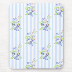 Mousepad Padrão de Listras Botânicas de Mirtilo em Aquarela