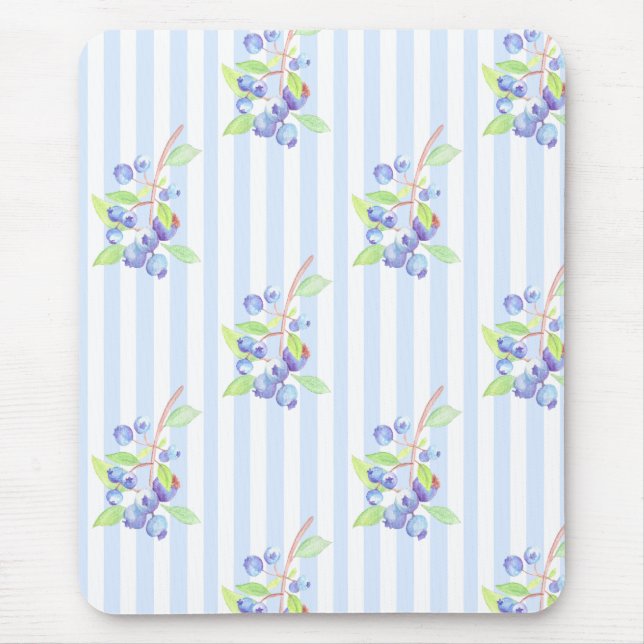 Mousepad Padrão de Listras Botânicas de Mirtilo em Aquarela (Frente)