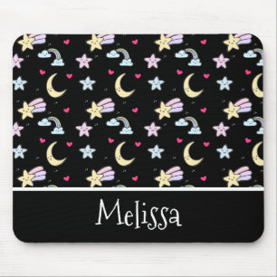 Mousepad Padrão de Lua Branca, Estrelas e Nuvens em Preto