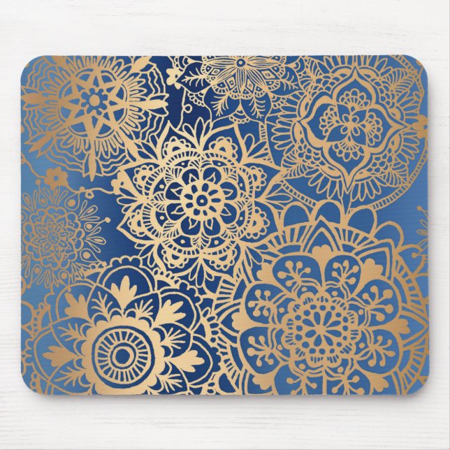Mousepad Padrão de Mandala azul e Dourado (Frente)