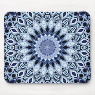 Mousepad Padrão de Mandala de Caleidoscópio Azul e Branco