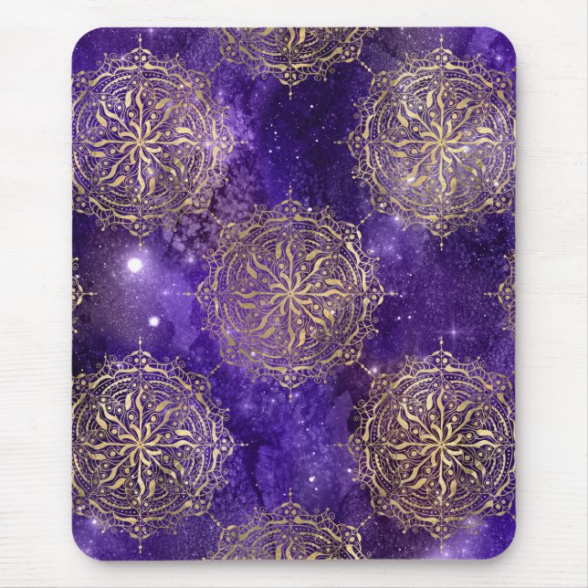 Mousepad Padrão de Mandala Dharma da Galáxia Dourada e Roxa (Frente)