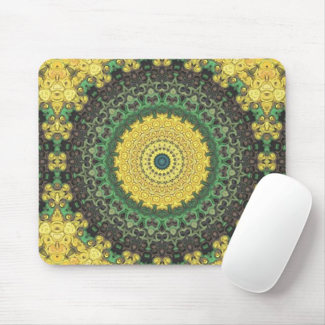 Mousepad Padrão de Mandala em Caleidoscópio Amarelo e Verde (Com mouse)