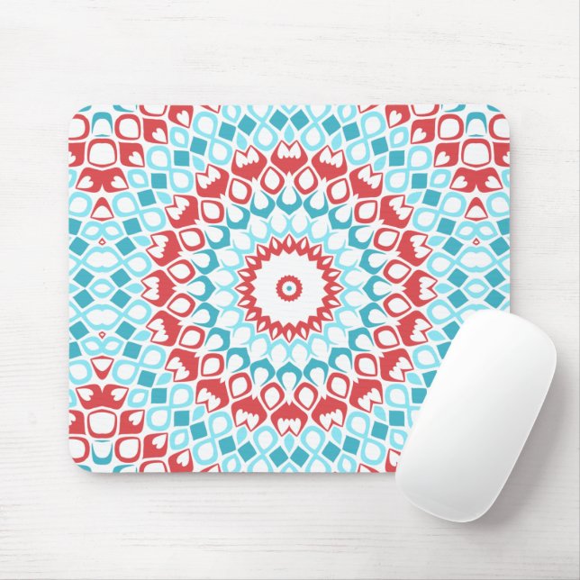 Mousepad Padrão de Mandala Geométrico Vermelho e Aquático (Com mouse)