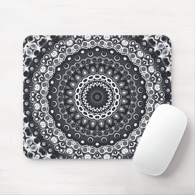 Mousepad Padrão de Mandala Monocromático Preto e Branco (Com mouse)