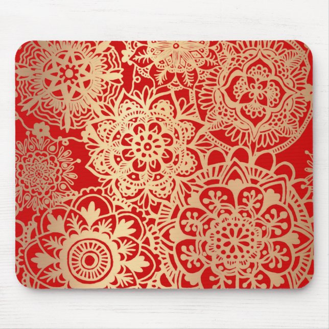 Mousepad Padrão de Mandala Vermelho e Dourado (Frente)