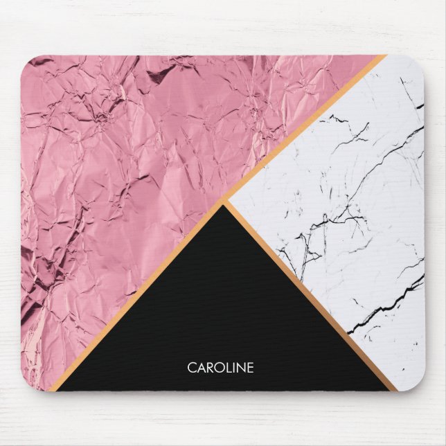 Mousepad Padrão de mármore branco e preto rosa Dourado (Frente)