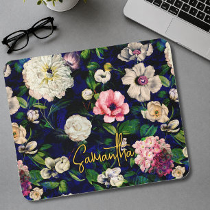 Mousepad Padrão de monograma azul com flores cor-de-rosa fl