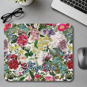 Mousepad Padrão de monograma cor-de-rosa floral bege vintag