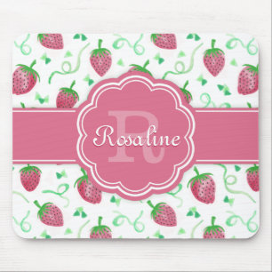 Mousepad Padrão de Morango em Aquarela com Monograma