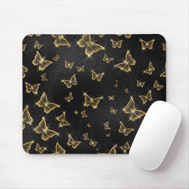Mousepad Padrão de ouro e borboletas pretas (Com mouse)