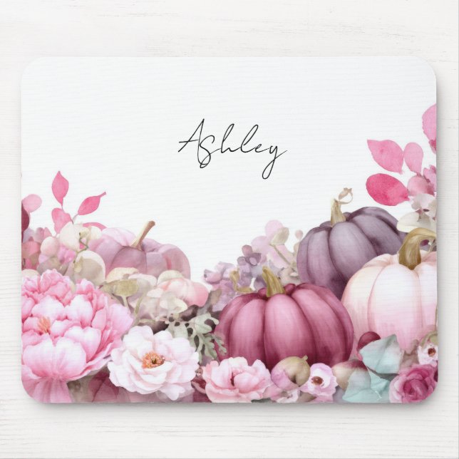 Mousepad Padrão de Outono de Abóboras e Flores Rosa  (Frente)