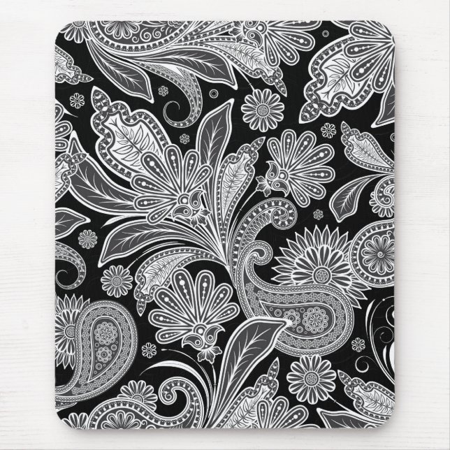 Mousepad Padrão de Paisley do Ornamentado Preto e Branco (Frente)