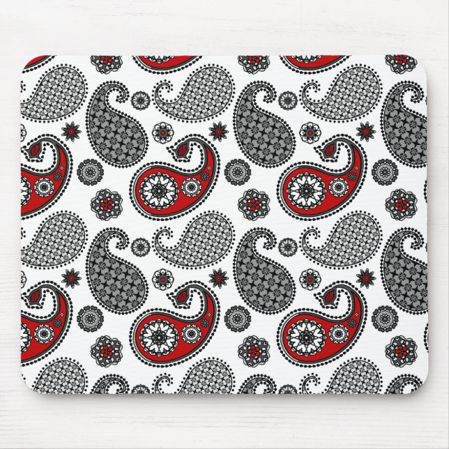 Mousepad Padrão de Paisley, Preto, Branco e Vermelho (Frente)