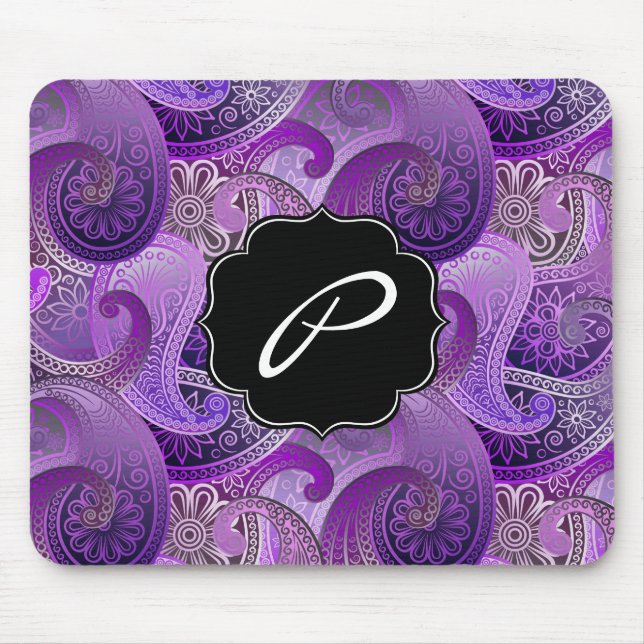 Mousepad Padrão de Paisley Roxo com Monograma Personalizado (Frente)