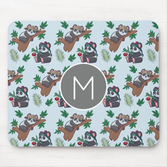 Mousepad Padrão de Pandas Chineses Fofos Monograma (Frente)