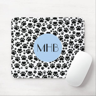 Mousepad Padrão de pata, patas de cão, preto e branco, mono