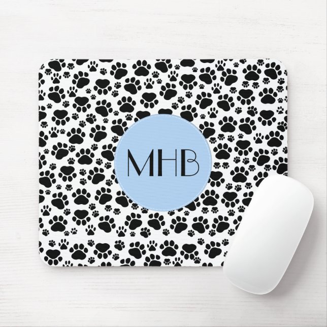 Mousepad Padrão de pata, patas de cão, preto e branco, mono (Com mouse)