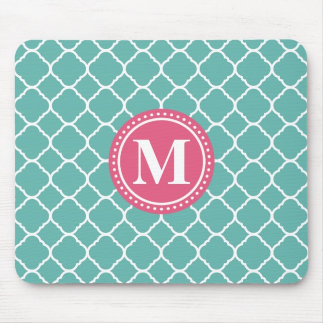 Mousepad Padrão de Quatrefoil Azul-Teal Monograma Cor-de-Ro (Frente)