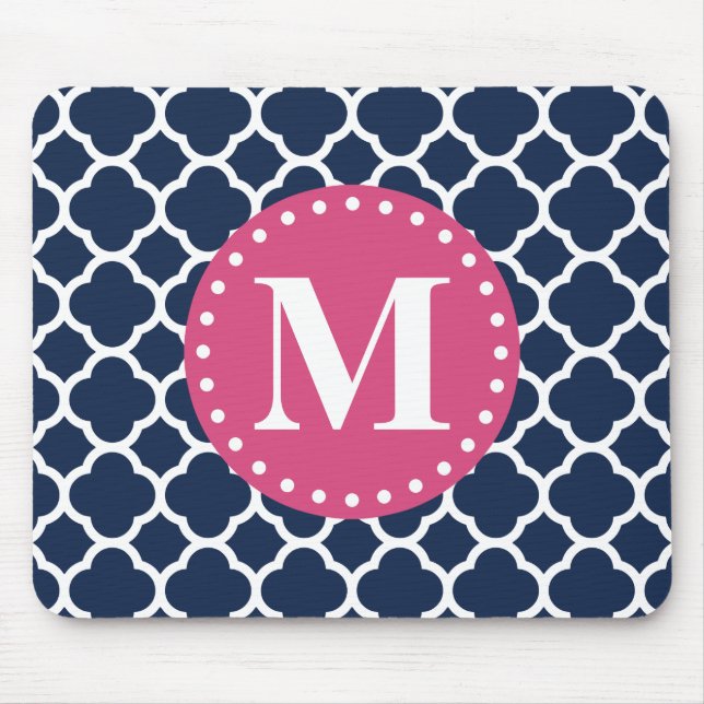 Mousepad Padrão de Quatrefoil do Marinho Monograma Rosa (Frente)