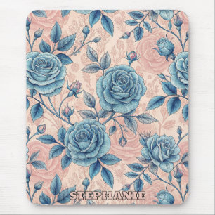 Mousepad Padrão de Rosa Azul Retroativo no Fundo Cor-de-Ros